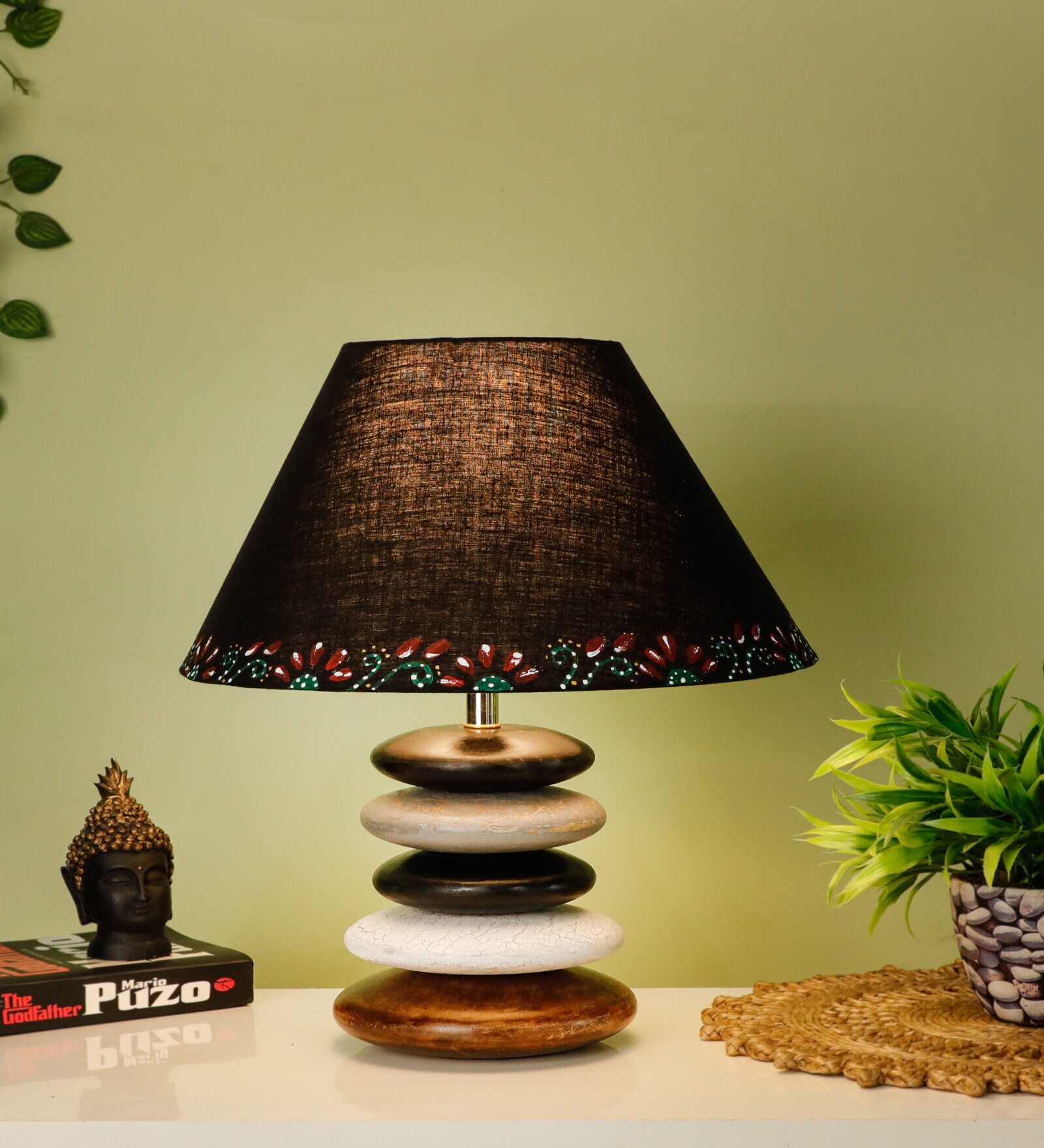 Black Handpainted Shade Multicolor Wooden Stone Handmade Antique Table Lamp