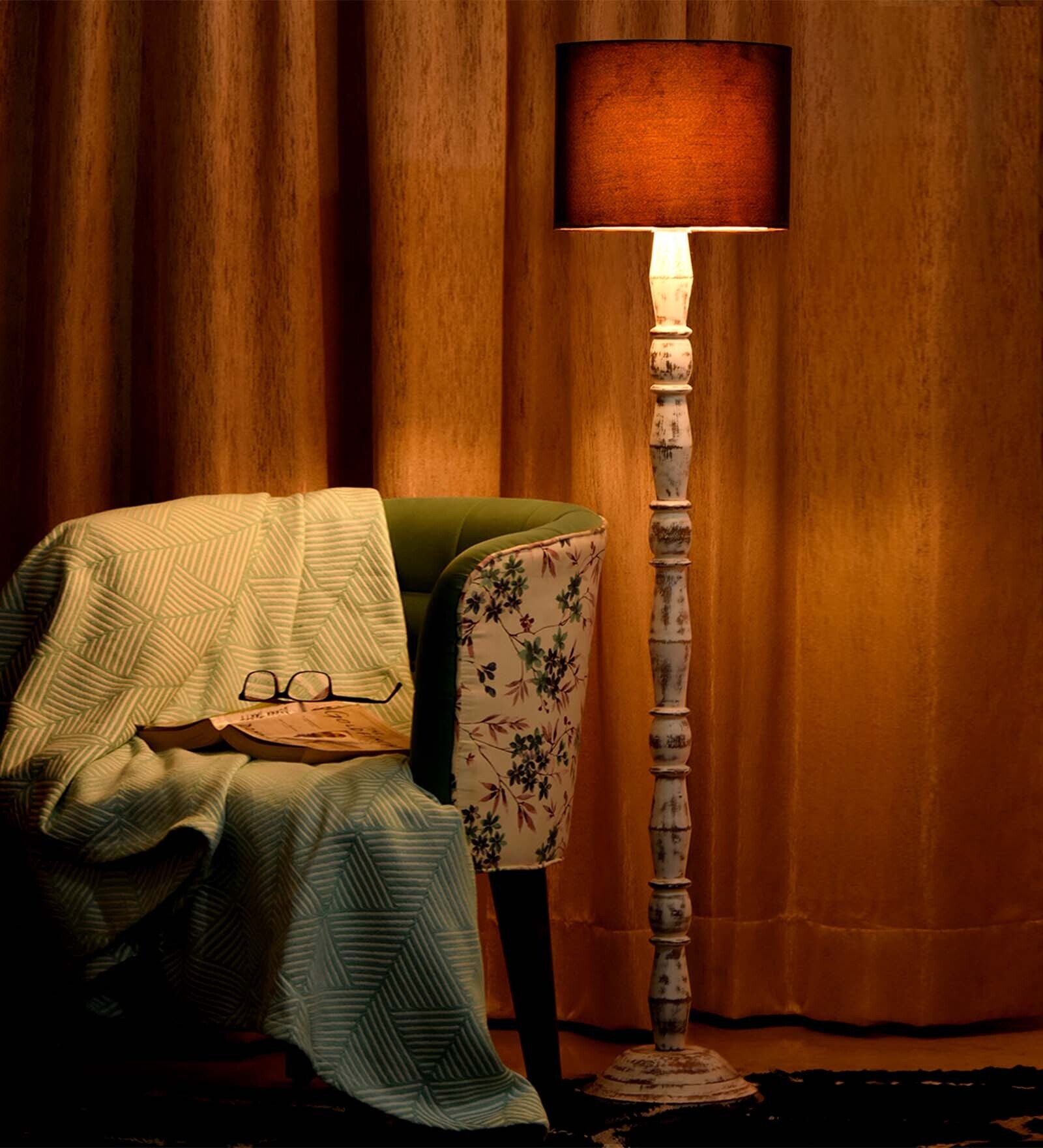 Distress White Floor Lamp With Black Cotton Shade