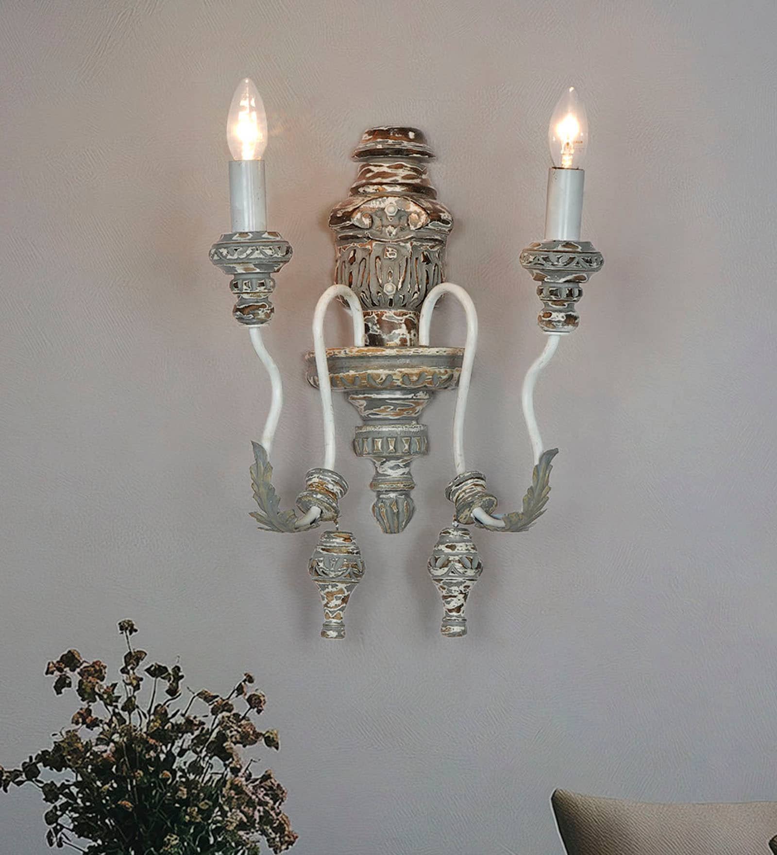 Distressed Grey Wood Candelabra Double Wall Sconce