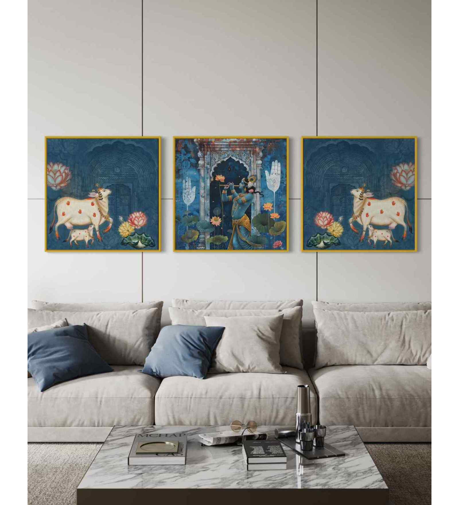 Divine Pichwai Trio Krishna with Cows Pichwai Set of 3 Canvas Art Panels