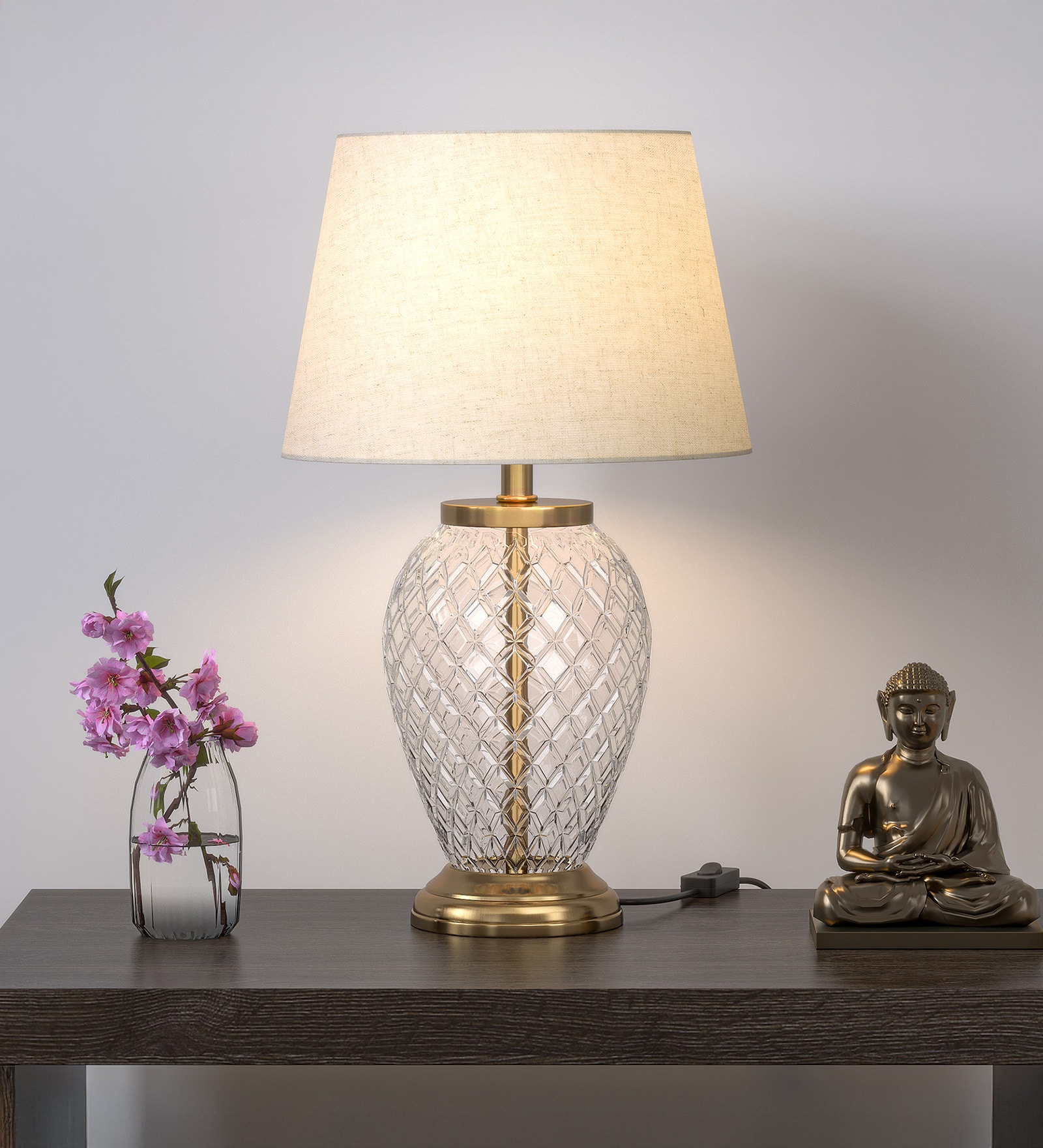Divine Trends Diamond Cut Glass Table Lamp Brass Antique Finish 19 Inches Height With Off White 12 Inches Diameter Lampshade