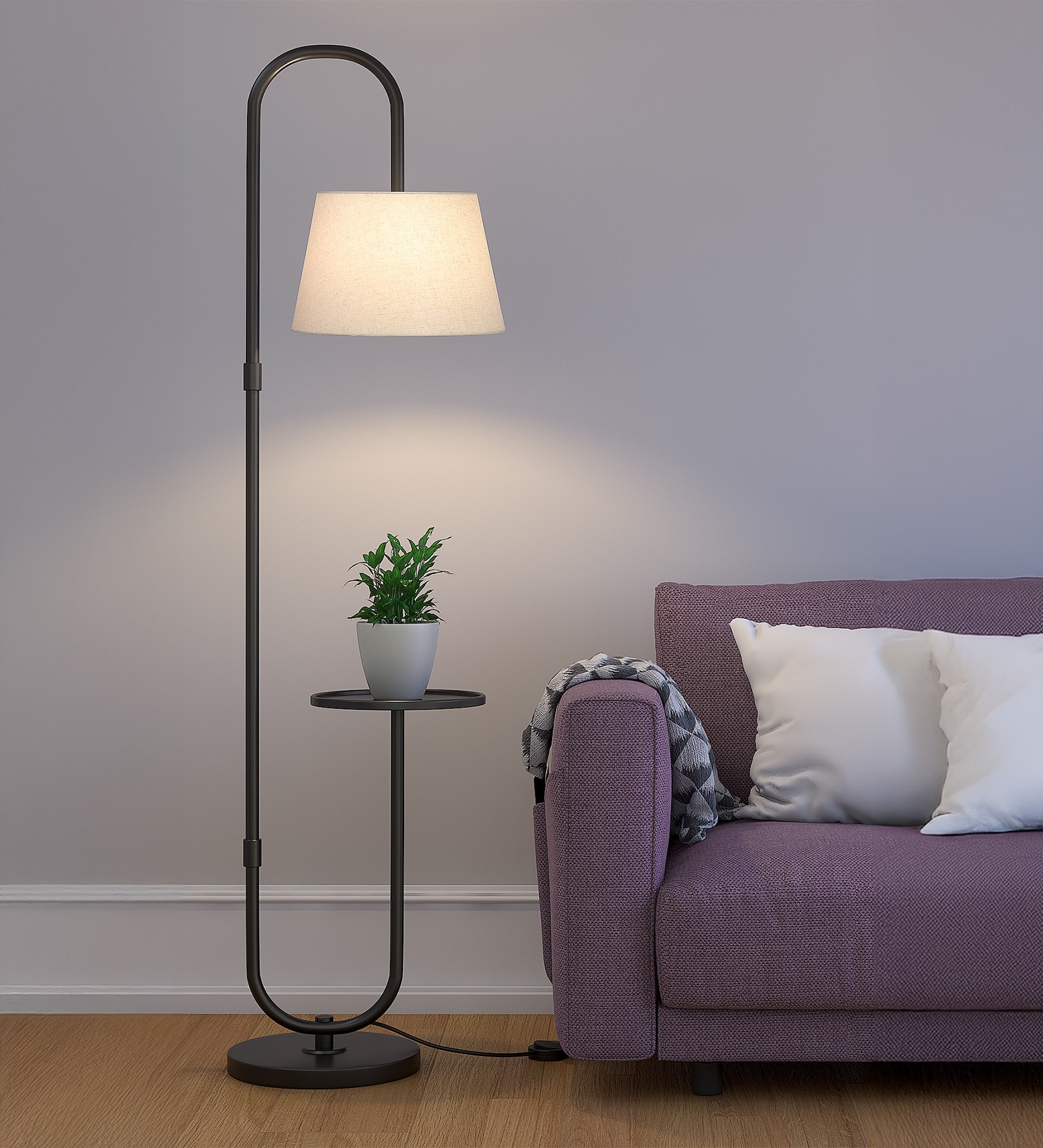 Divine Trends Modern Shelf Floor Lamp Standing Black Polished 5ft Height with Shelf Diameter 10 Inches and Off White Lampshade