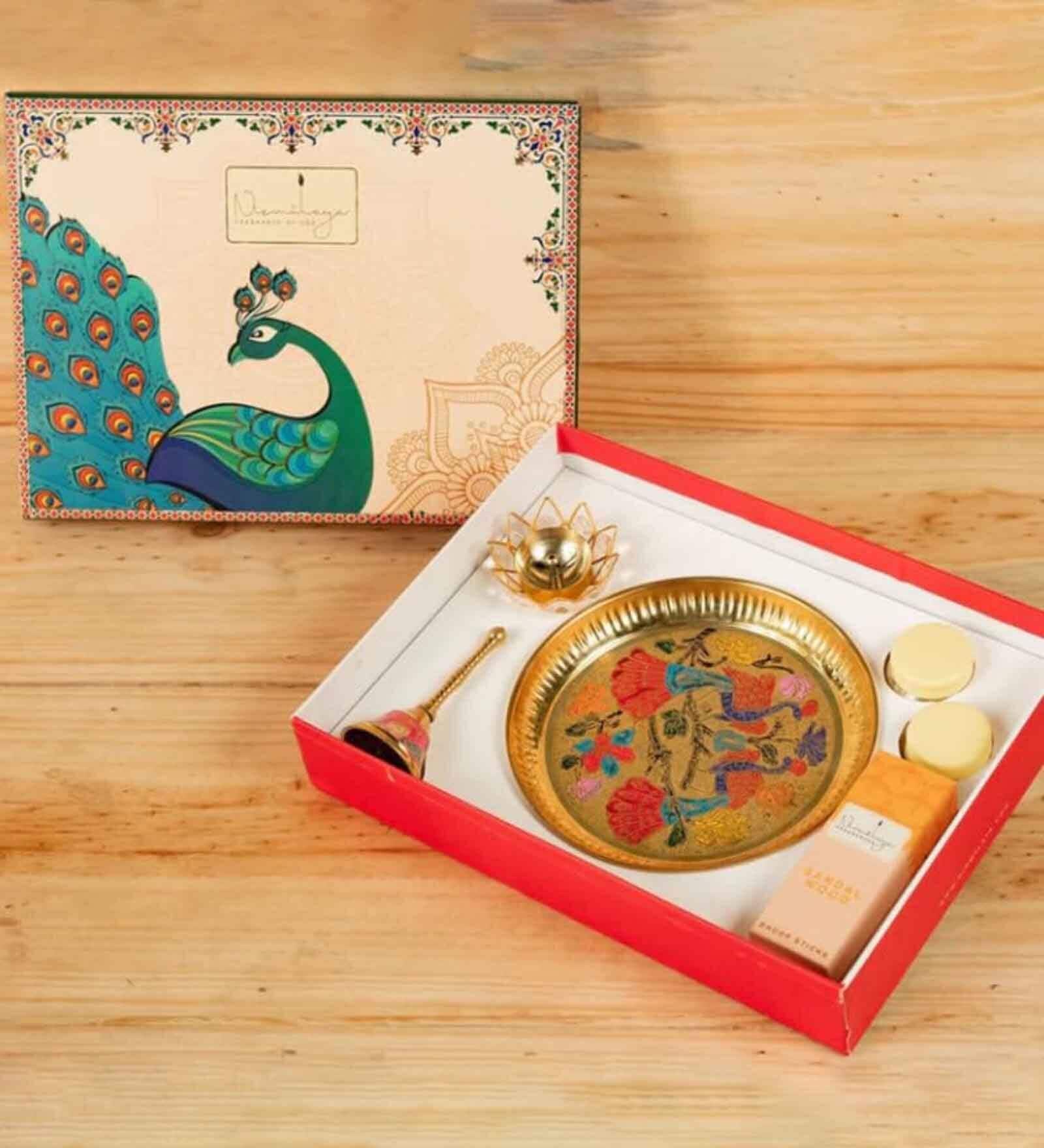 Divinity Gift Box- 1 Brass Minakari Plate, 1 Brass Minakari Bell And1 Crystal Brass Diya