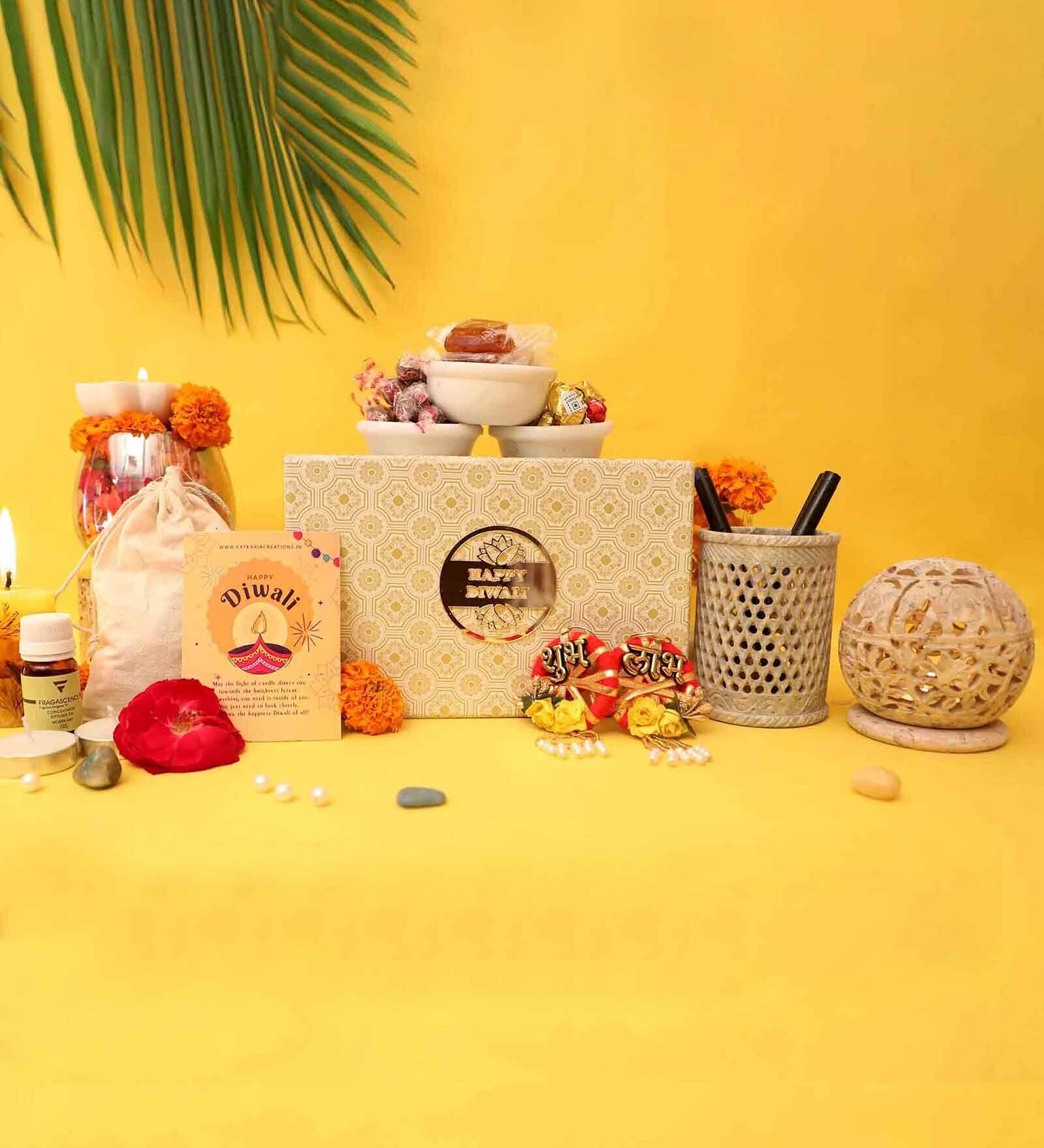 Diwali Gift Hamper With Hand Carved Pen Stand & Tea Light Holder