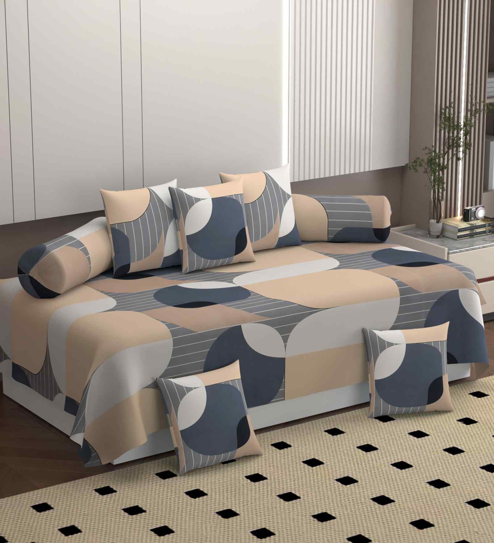 Beige 250 Tc Cotton Bedsheet With 2 Booster Covers And 5 Cushion Covers