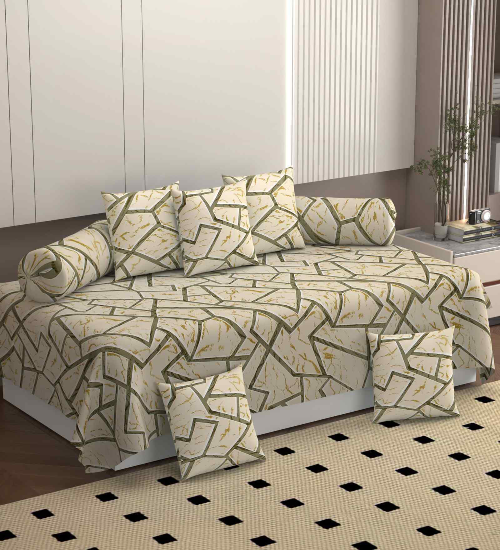 Beige 250 Tc Cotton Bedsheet With 2 Booster Covers And 5 Cushion Covers