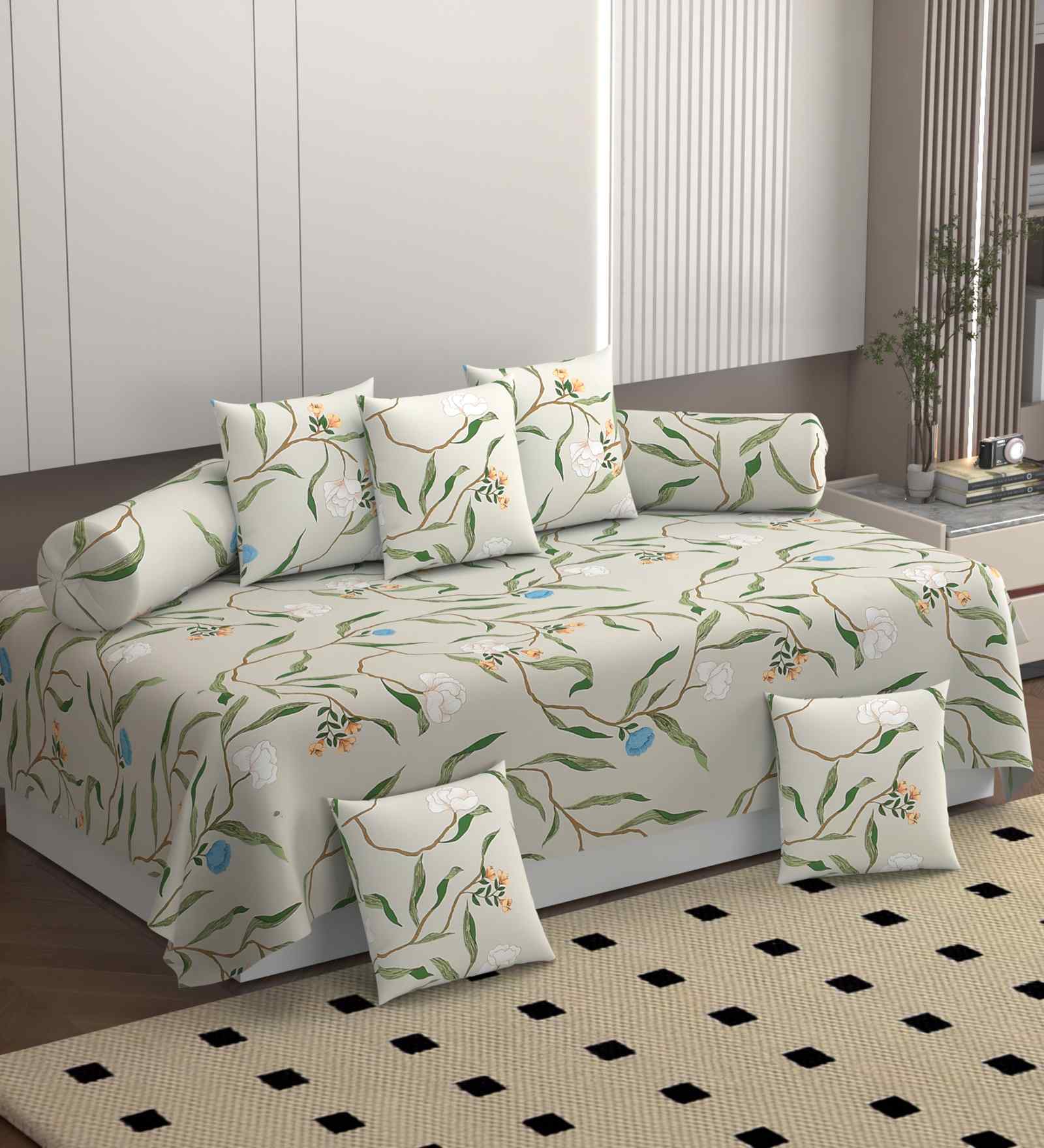 Beige 250 Tc Cotton Bedsheet With 2 Booster Covers And 5 Cushion Covers
