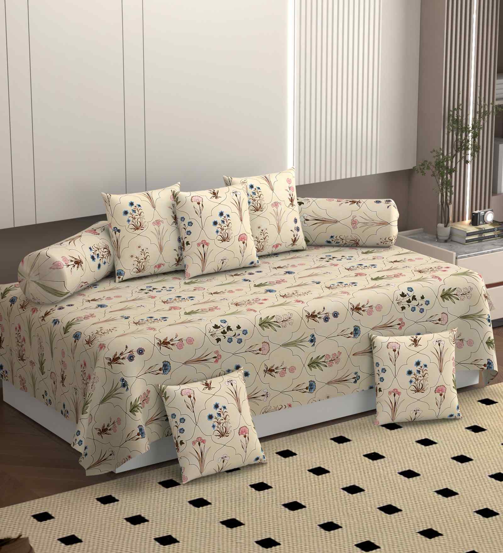 Cream 250 Tc Cotton Bedsheet With 2 Booster Covers And 5 Cushion Covers Diwan Set Cream 250 Tc Cotton Bedsheet With 2 Booster Covers And 5 Cushion Covers Diwan Set