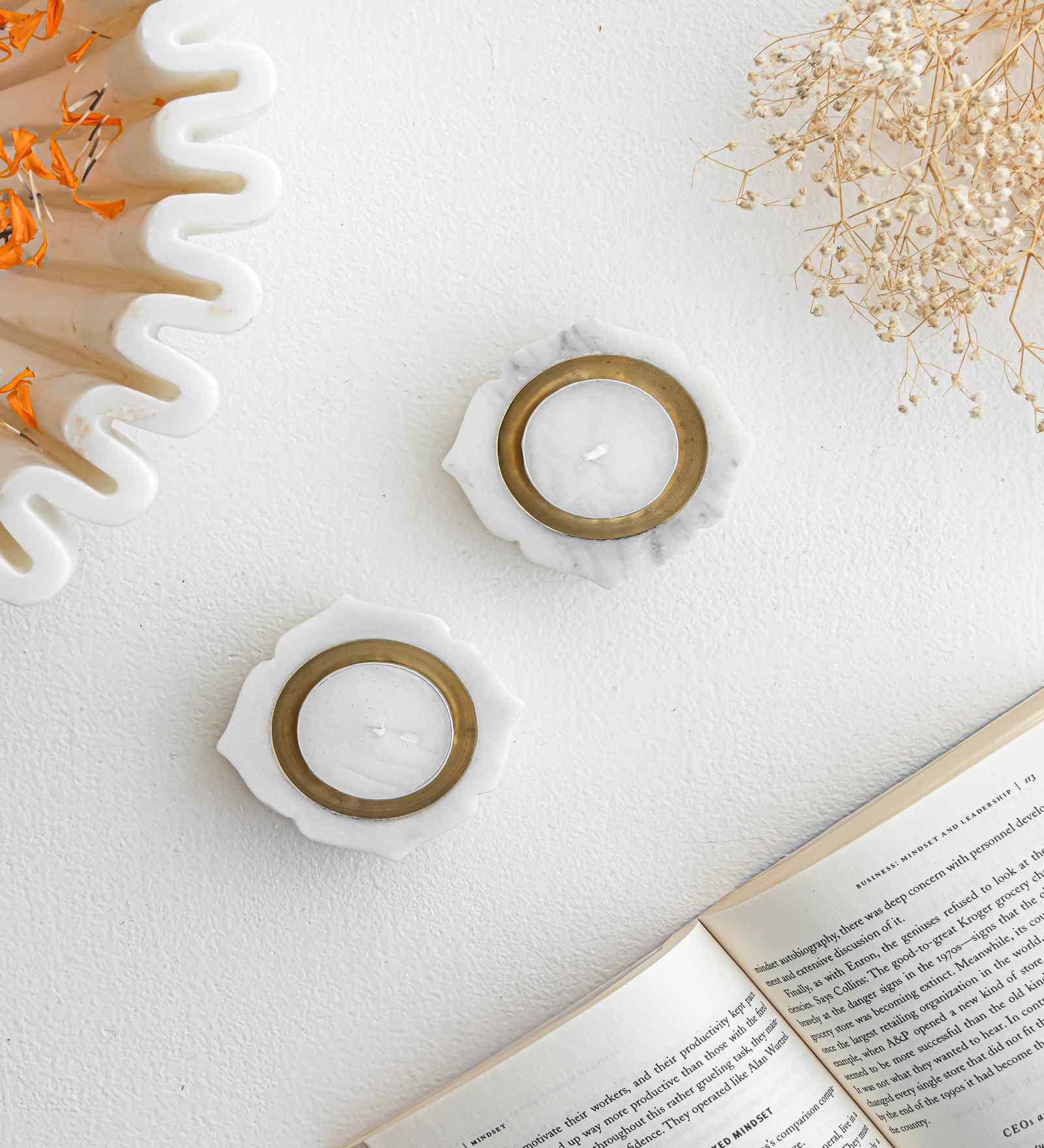 White Marble Lotus Diya (Set Of 2)