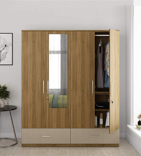 Diago 3 Door Wardrobe In Natural Teak Finish With Mirror & Drawers