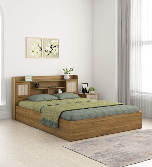Diago Queen Size Bed In Natural Teak Finish With Box Storage
