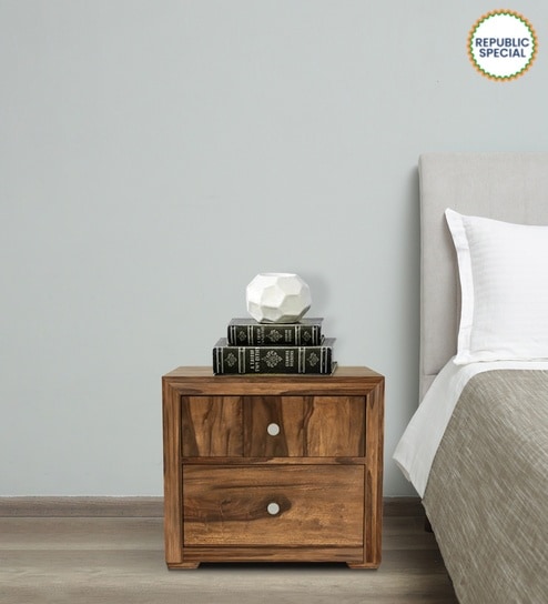 Diamond Sheesham Wood Bedside Table In Scratch Resistant Rustic Teak Finish With Drawers