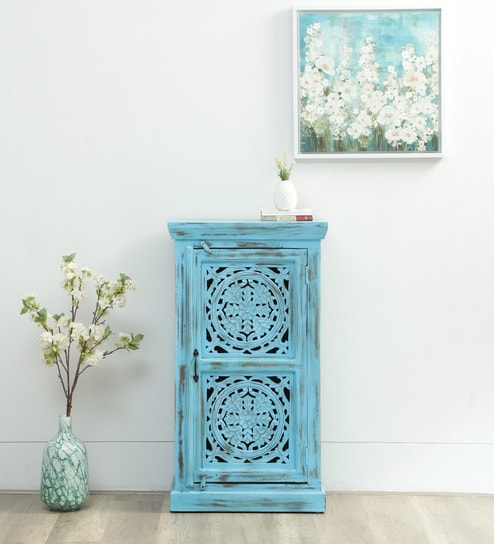 Diedre Solid Wood Cabinet In Blue Distress Finish