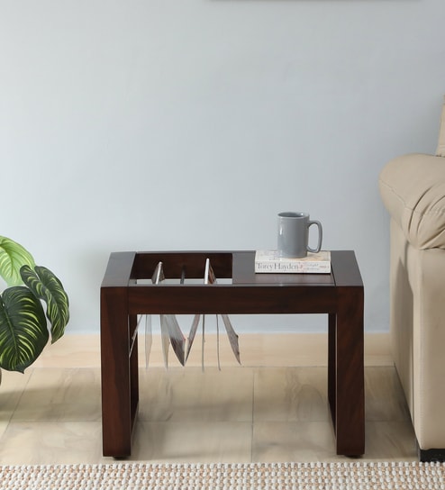 Diest Sheesham Wood Side Table In Scratch Resistant Walnut Finish With Magazine Holder