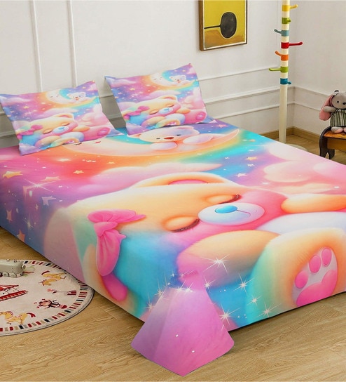 Digital Cartoon Characters Printed Cotton Blend Double Bedsheet with 2 Pillow Covers