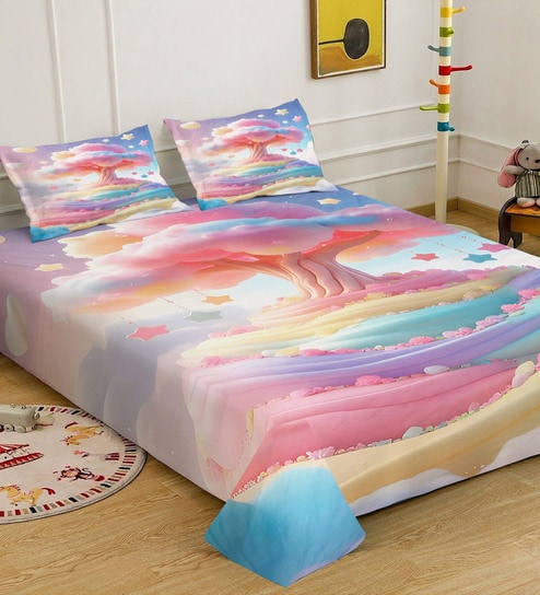 Digital Floral Printed Cotton Blend Double Bedsheet with 2 Pillow Covers