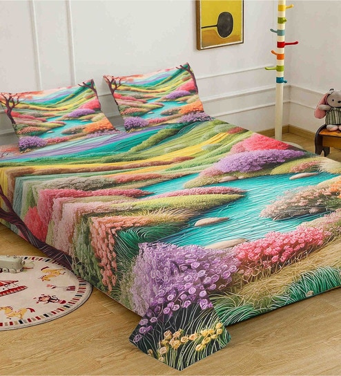 Digital Floral Printed Cotton Blend Double Bedsheet with 2 Pillow Covers