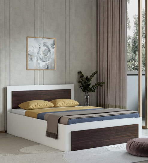 Dimora King Size Bed in Brown & White Finish with Hydraulic Storage
