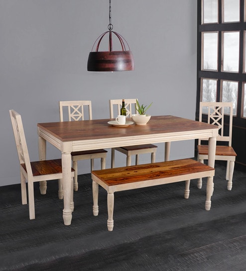 Riviera Sheesham Wood 6 Seater Dining Set in Brown Finish with Bench