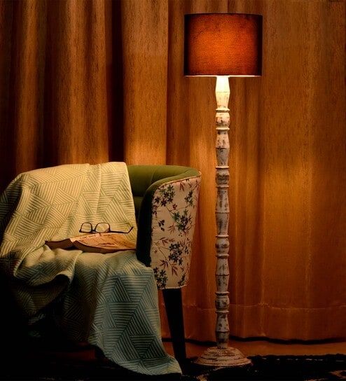 Distress White Floor Lamp With Black Cotton Shade by Green Girgit