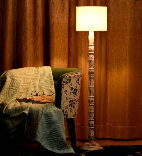Distress White Floor Lamp With White Cotton Shade by Green Girgit