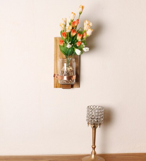 Buy Brown Teak Wood Wall Vase Showpiece By Divine Decor Online