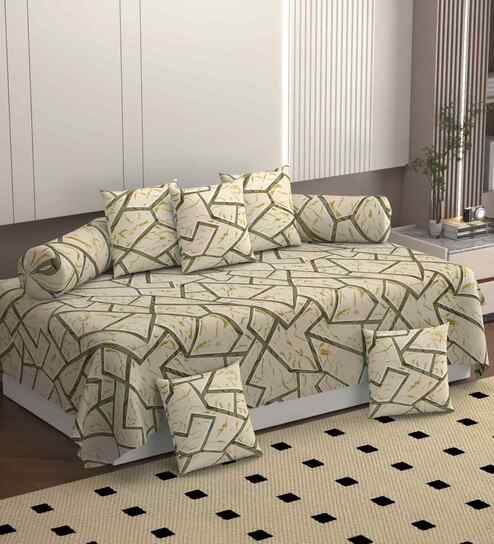 Beige 250 Tc Cotton Bedsheet With 2 Booster Covers And 5 Cushion Covers