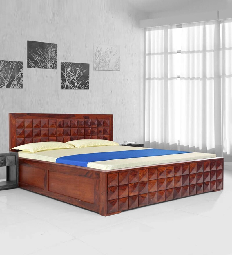 Buy Diamond Queen Size Bed with Hydraulic Storage In Honey Natural