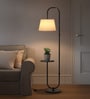 Divine Trends Modern Shelf Floor Lamp Standing Black Polished 5ft Height with Shelf Diameter 10 Inches and Off White Lampshade