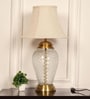 Divine Trends Royal Brass Antique Finish And Diamond Cut Glass Table Lamp 26 Inches Height With Off White Bell 14 Inches Diameter Lampshade