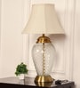 Divine Trends Royal Brass Antique Finish And Diamond Cut Glass Table Lamp 26 Inches Height With Off White Bell 14 Inches Diameter Lampshade
