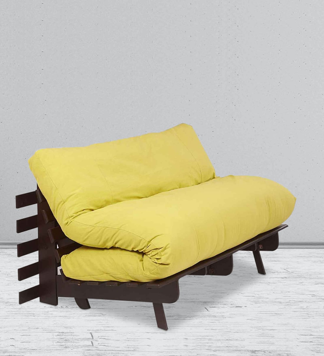 Buy Double Futon Sofa Cum Bed with Mattress in Lemon Yellow Colour by