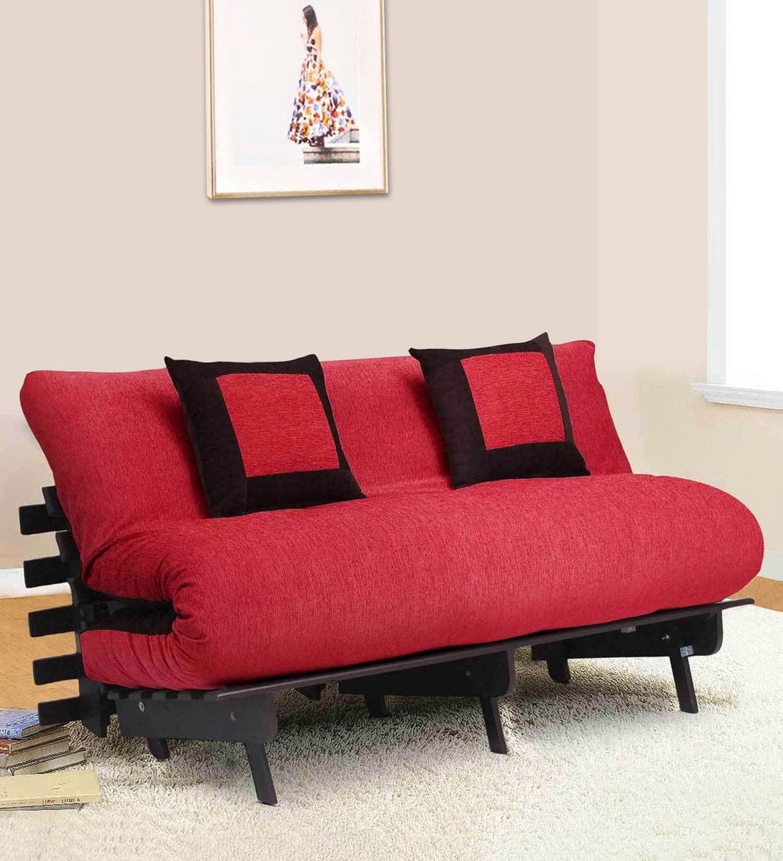 Buy Double Futon with Mattress & 2 Cushions in Red & Brown Colour by ...