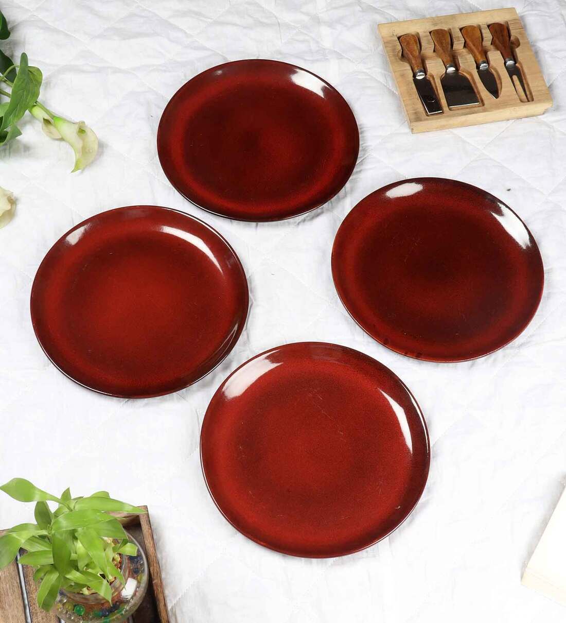 red ceramic dinner plates