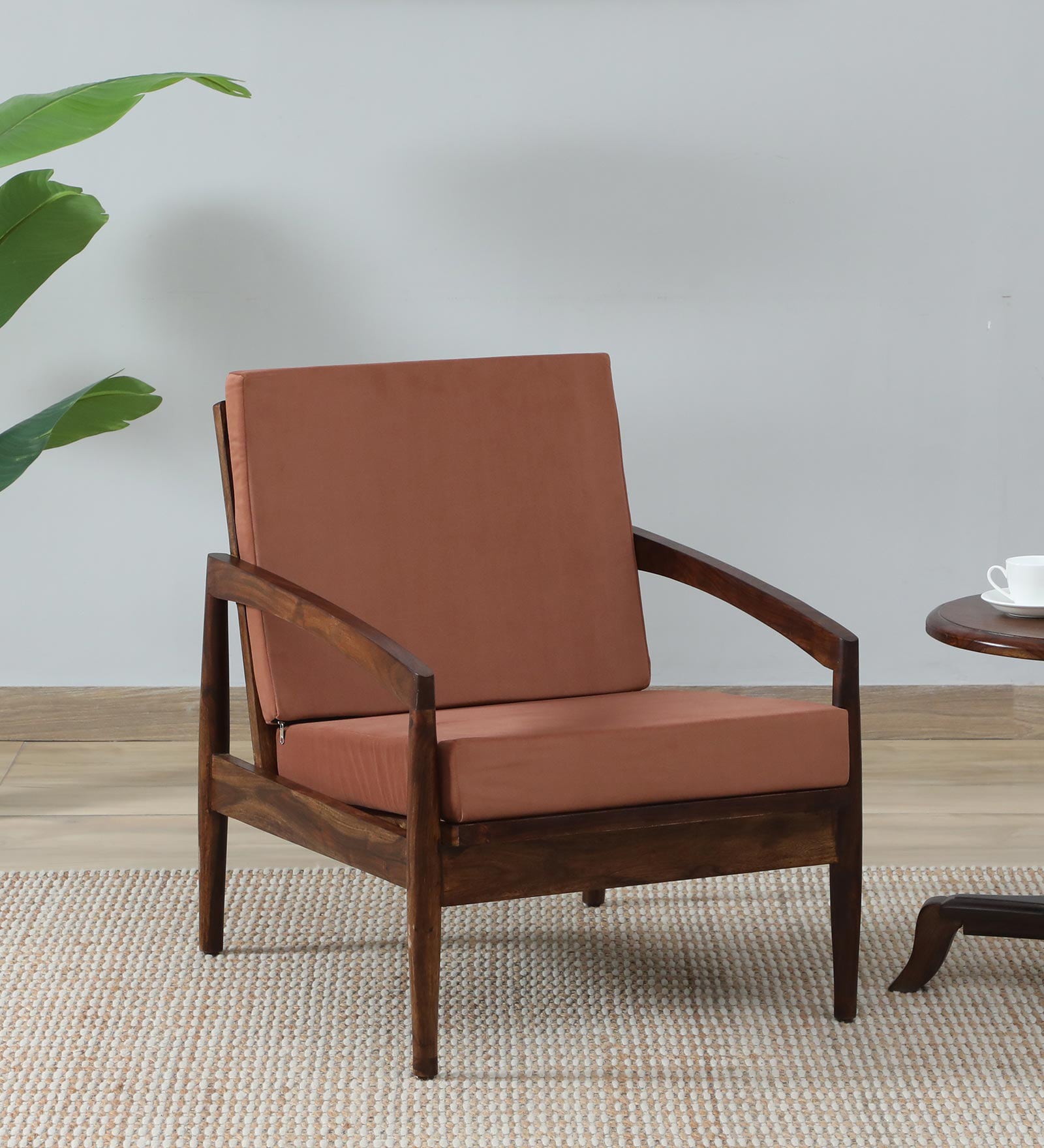 Dokkum Sheesham Wood Arm Chair In Provincial Teak Finish And Mocha Mousse Colour