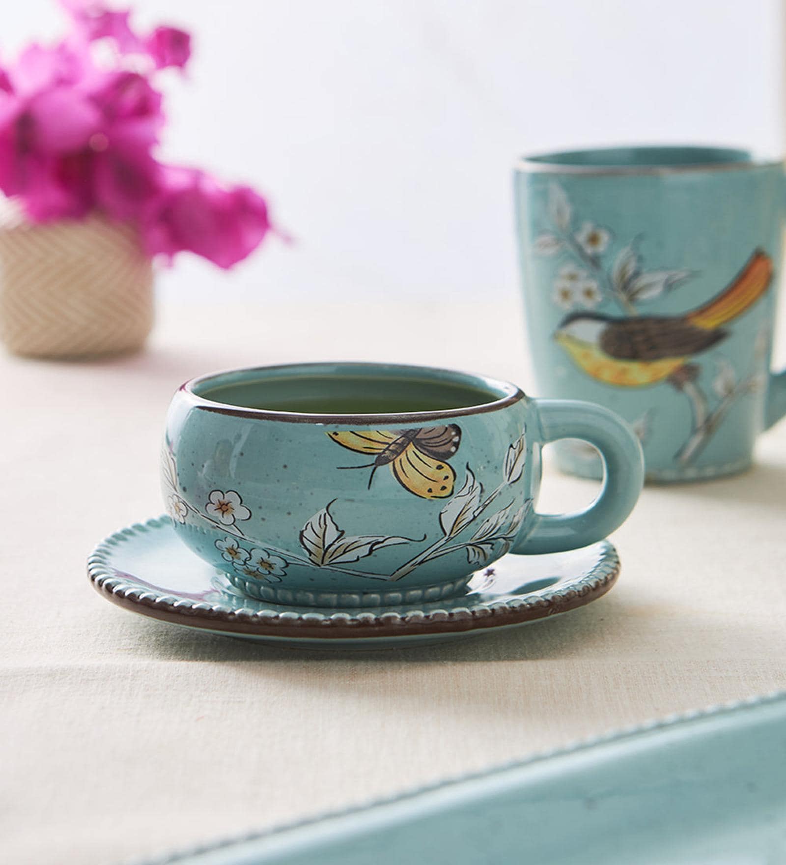 Dolomite Hummingbird 100ml Blue (Set of 2) Ceramic Tea Cup & Saucer Set