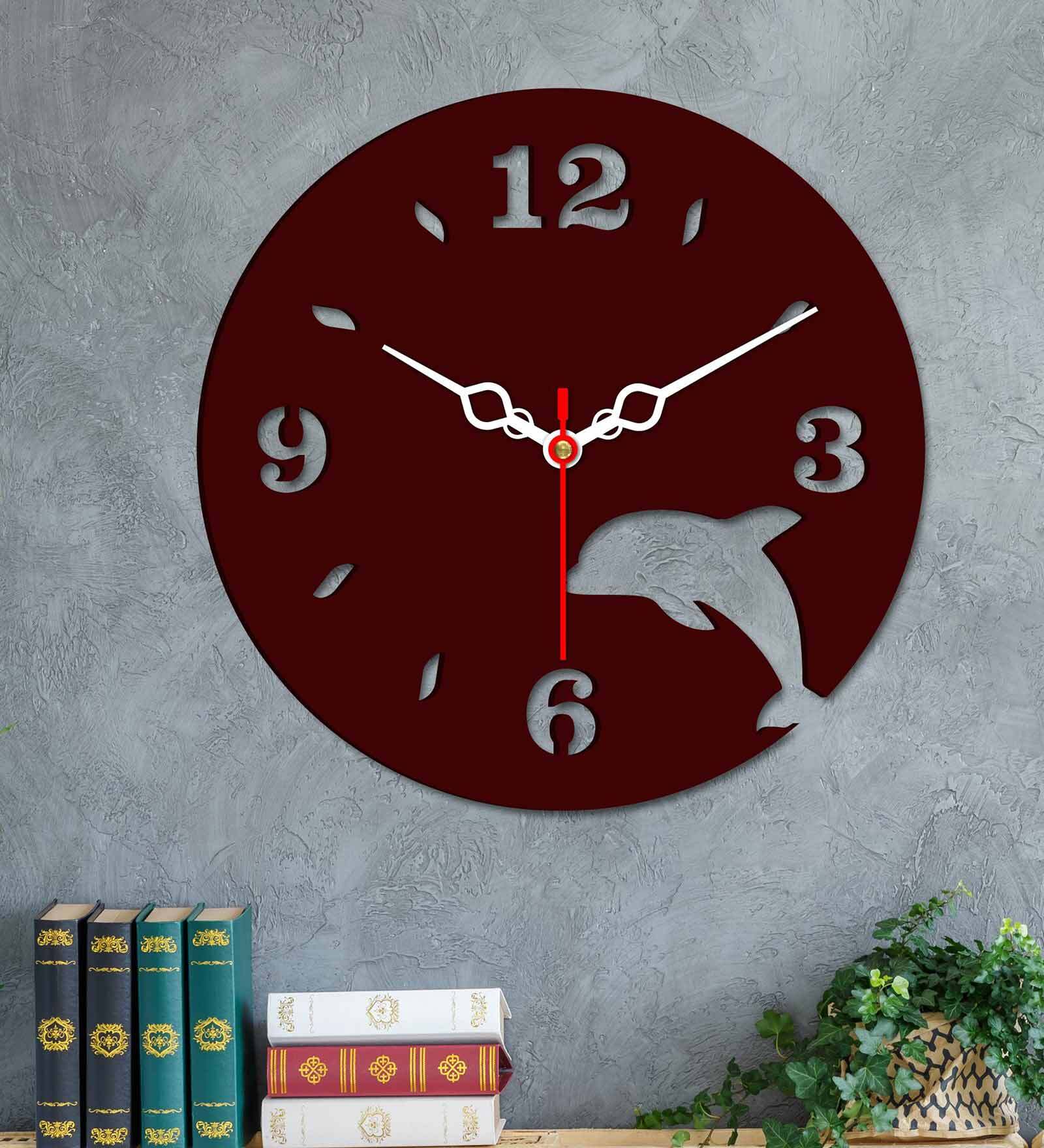 Dolphin Shape  Wood Wall Clock In Maroon