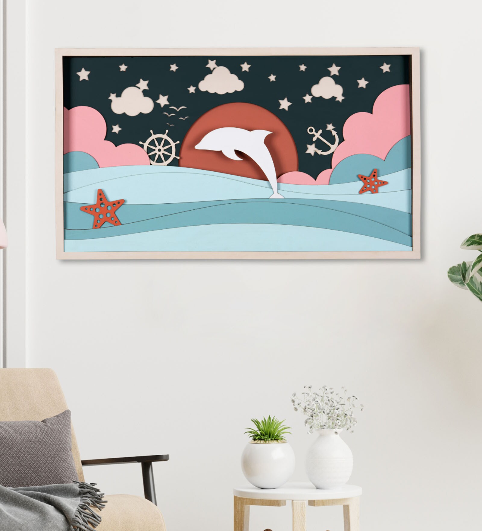 Dolphin Sunrise Pinewood Wall Mural In Multicolour