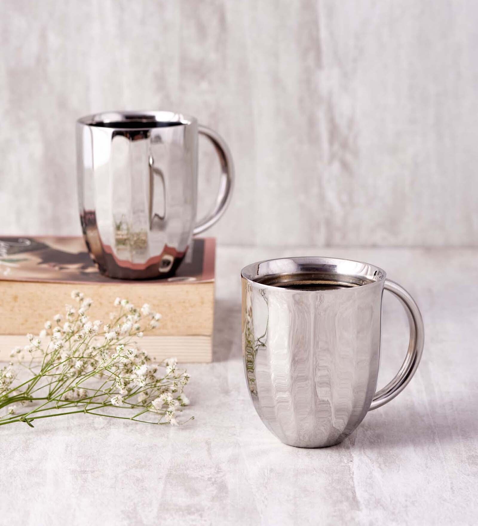 Dome 400ml Silver Stainless Steel (Set of 2) Coffee Mug