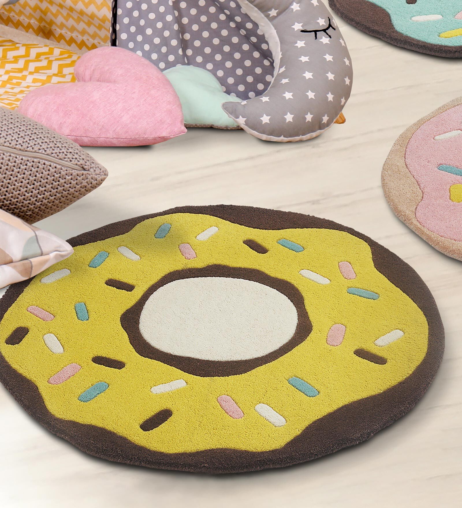 Yellow Abstract Wool 3 ft x 3 ft Kids Carpet