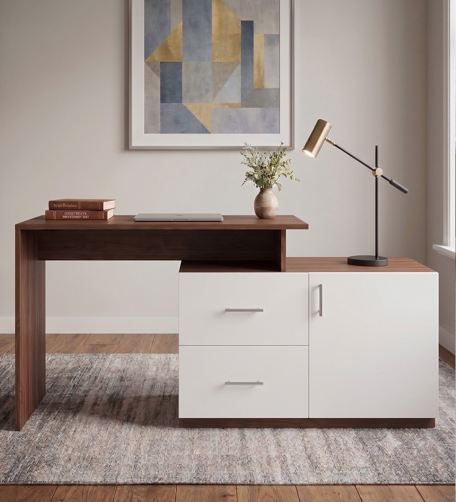 Dora Study Table in Planked Walnut and White Finish Dora Study Table in Planked Walnut and White Finish