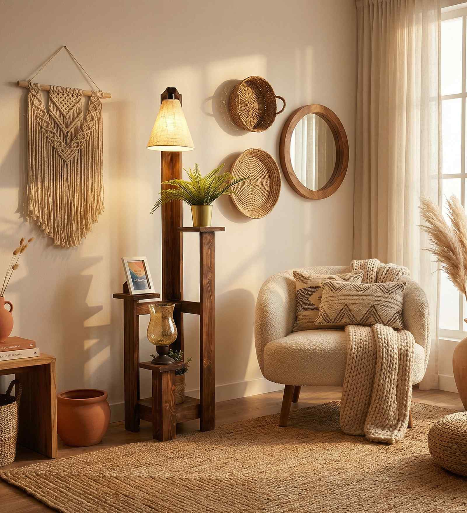 Dorian Wooden Shelf Floor Lamp with Wooden Shade & Brown Base