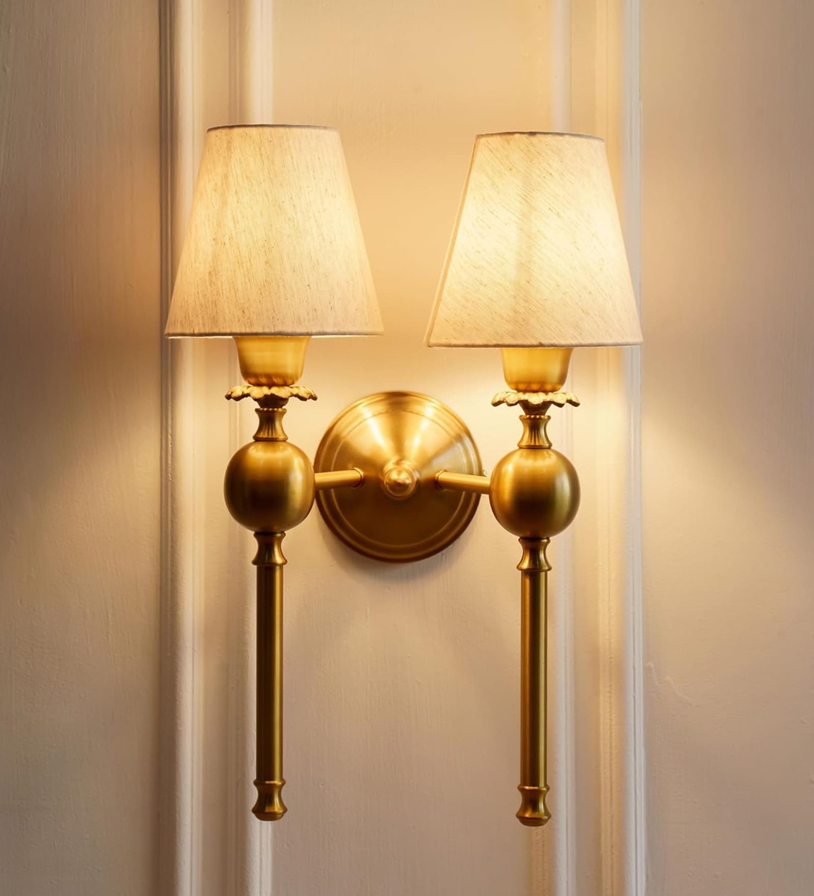 Double Ball Wall Lamp Antique Brass Finish with Off White Shade