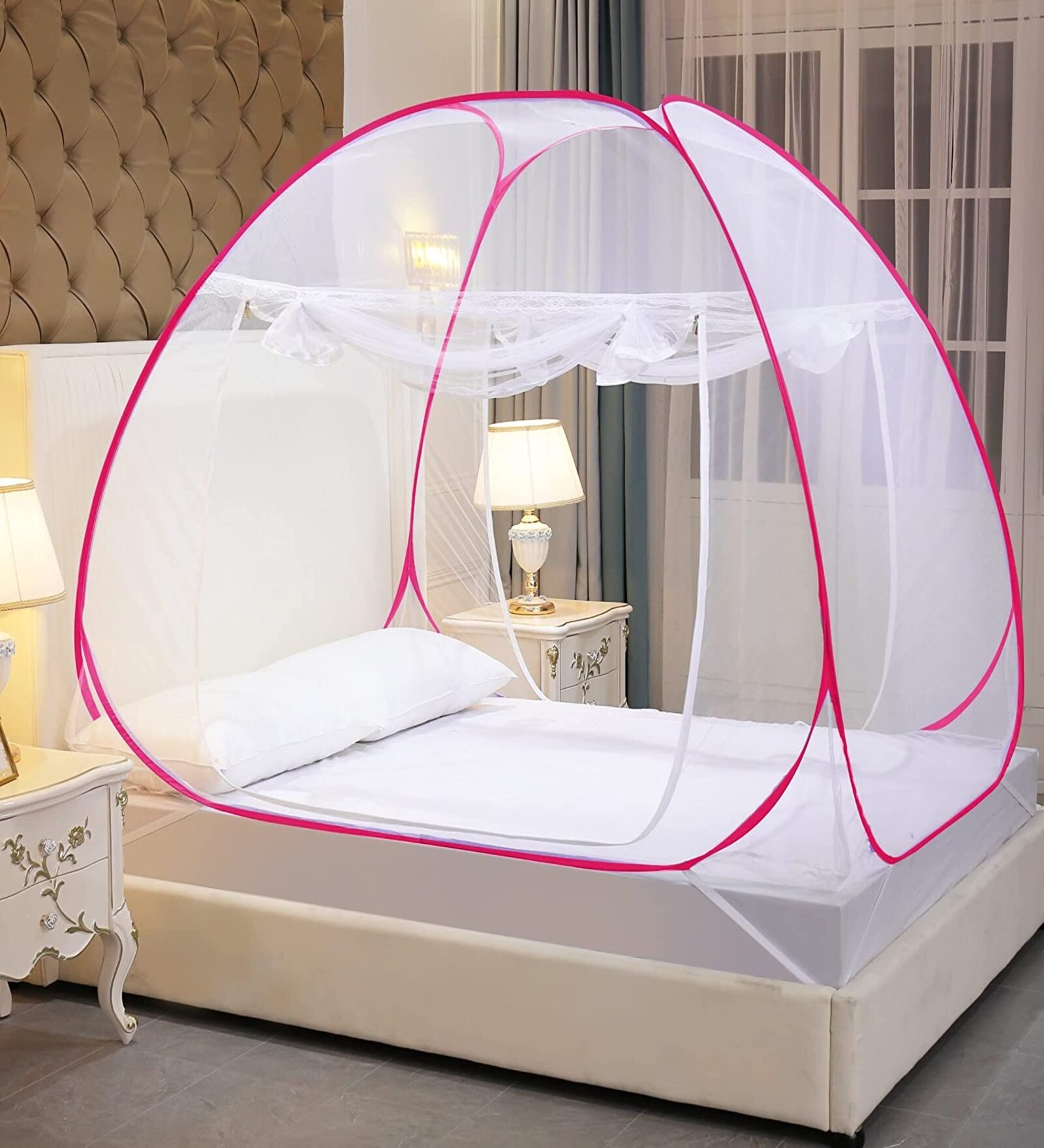 Double Bed King Polyester Mosquito Net In Pink