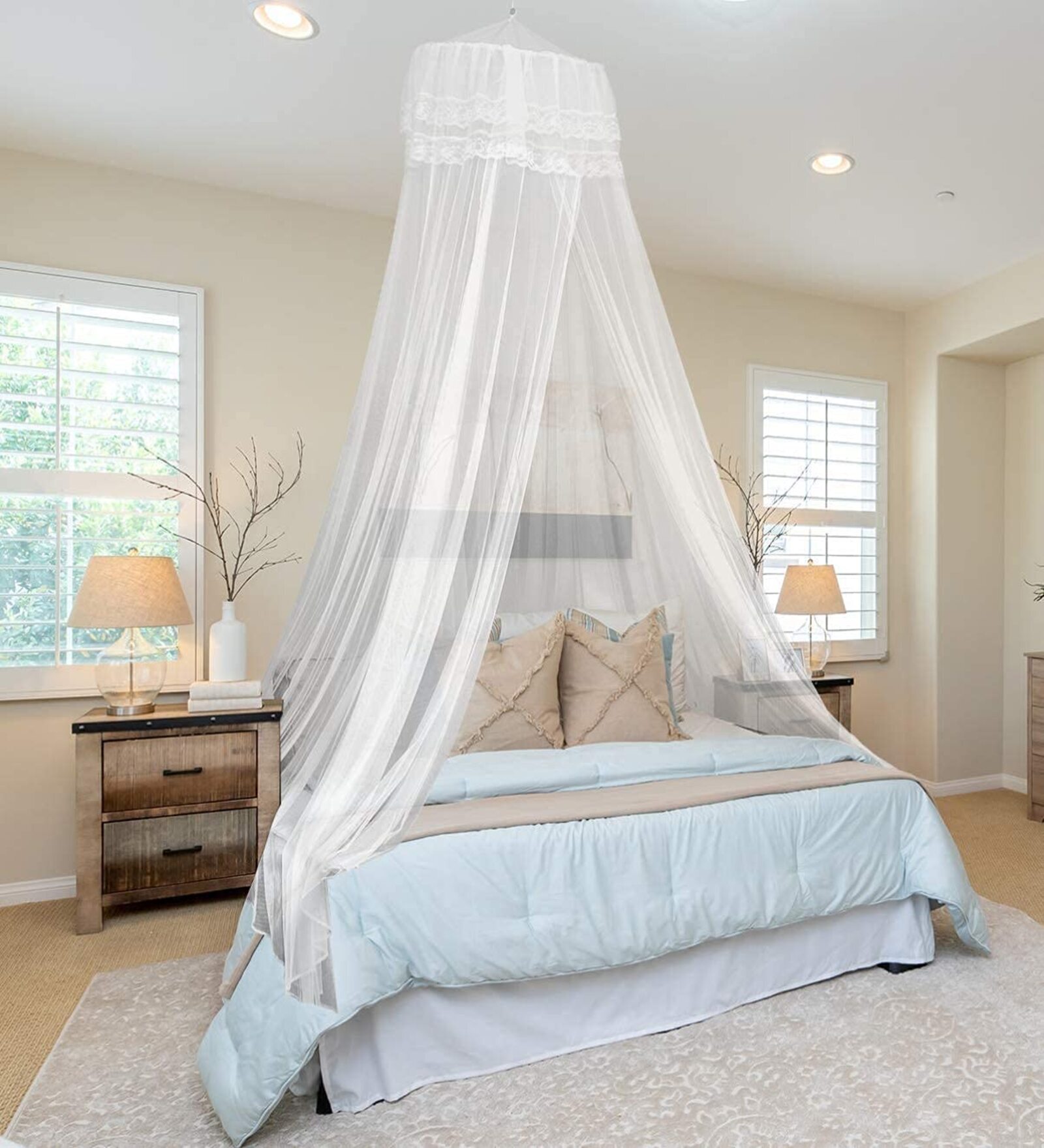Double Bed Polyester Hanging Mosquito Net With Led Light In White