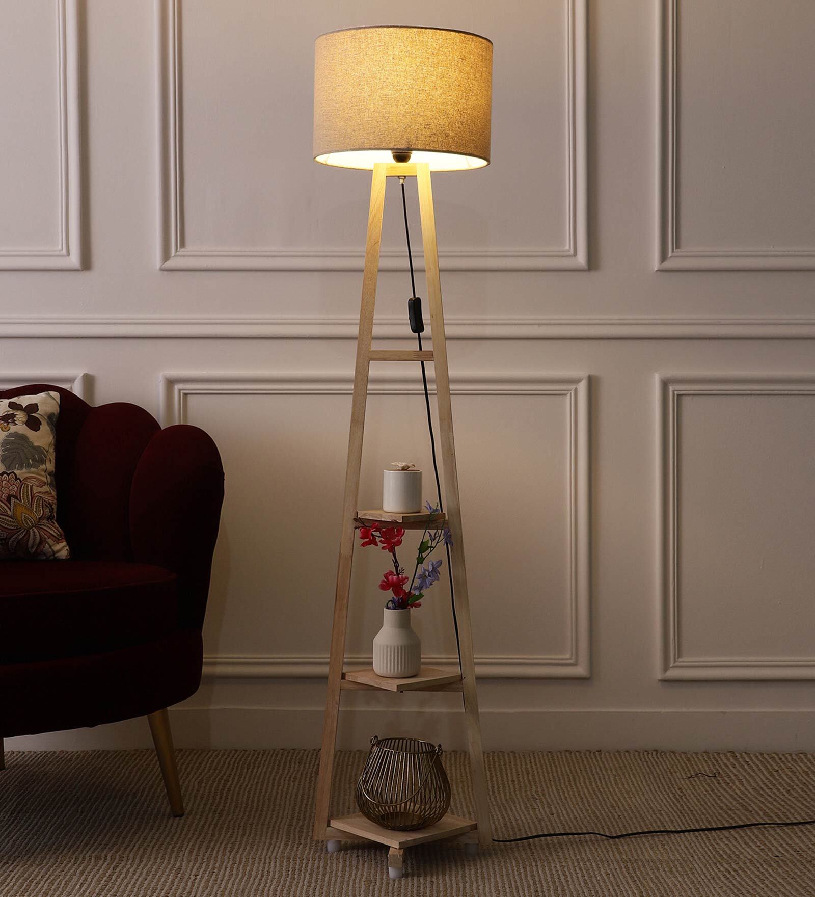 Double Beige Cotton Shade Shelf Floor Lamp With Birch Ply Base