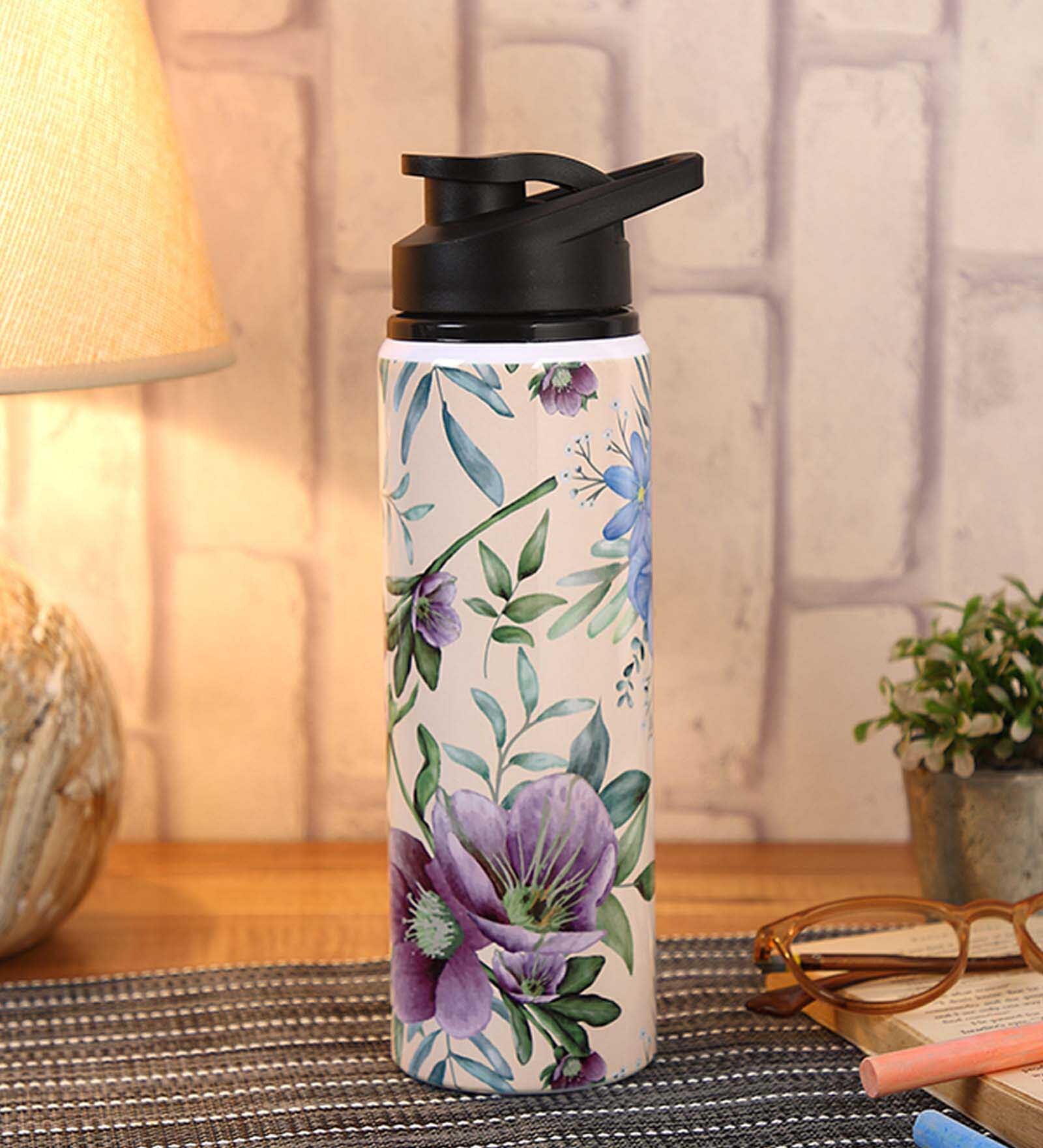 Double Cap Sports Water Bottle With Beige & Blue Floral Print