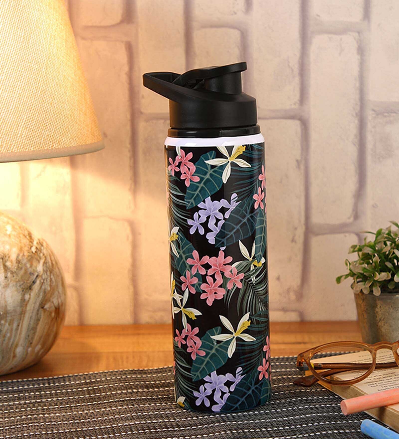 Double Cap Sports Water Bottle With Black & Green Floral Print