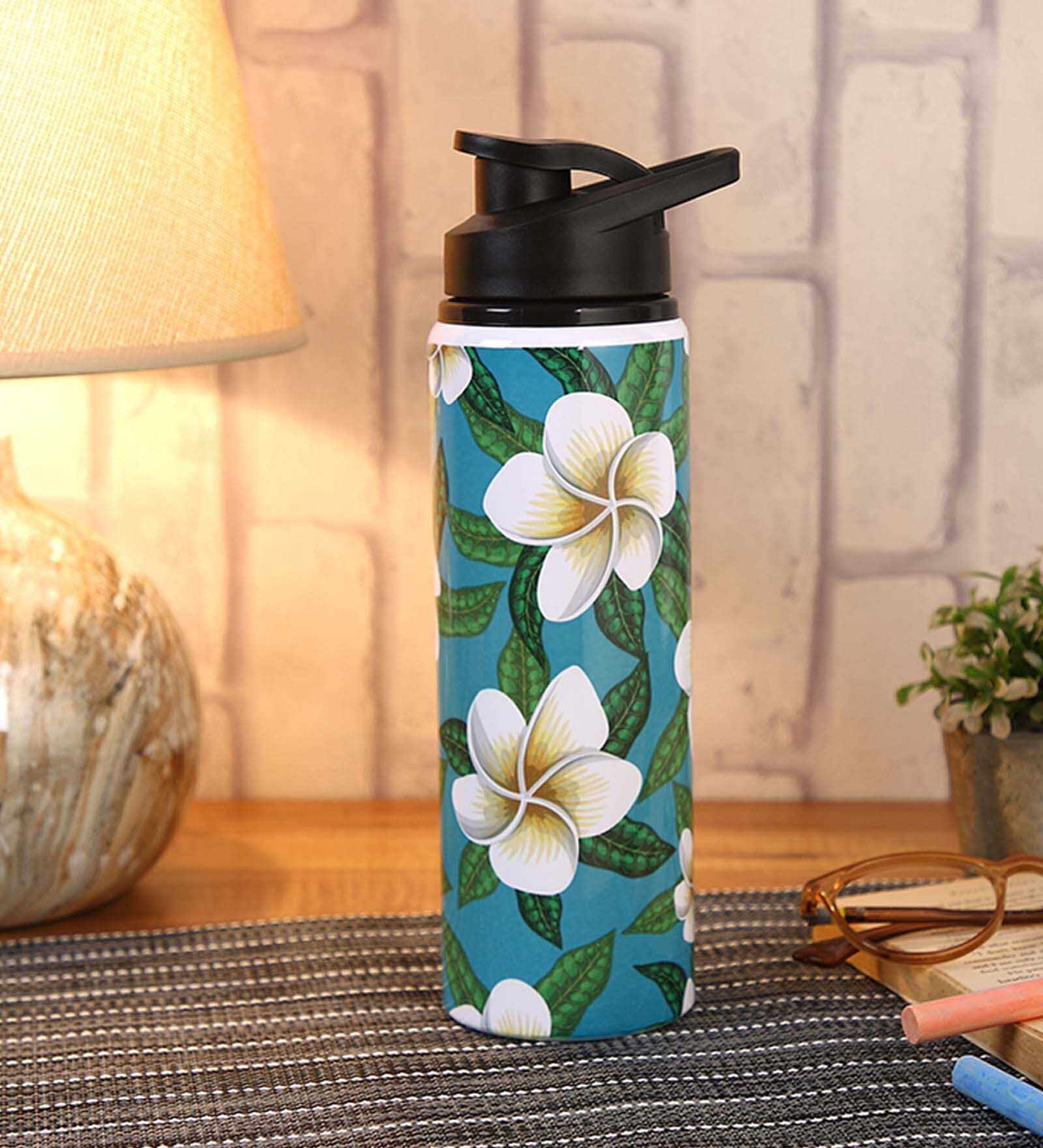 Double Cap Sports Water Bottle With Green & White Mogra Print