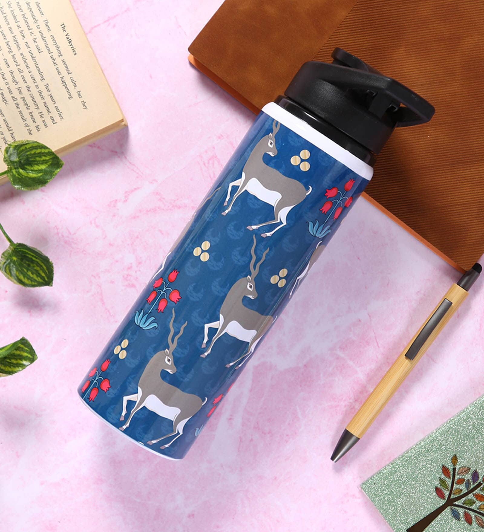 Double Cap Sports Water Bottle With Navy Blue & Grey Deer Print